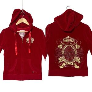 LIPSY sz S/M Hooded Velvet Sweatshirt Bling Full Zip Pocket  Vibrant Red Gold